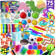 75 pcs Fidget Toys Kids Pack - Pinata Stuffers, Party Favors, Classroom Stress Relief Prizes - Treasure Chest Goody Bag with Pop its for Autistic and