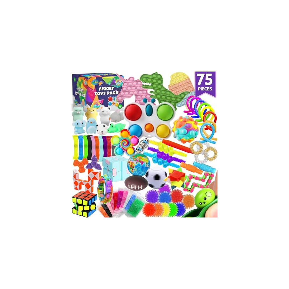 Stashables 75 Pcs Fidget Toys Kids Pack - Pinata Stuffers, Party Favors, Classroom Stress Relief Prizes - Treasure Chest Goody Bag With Pop Its For Autistic And