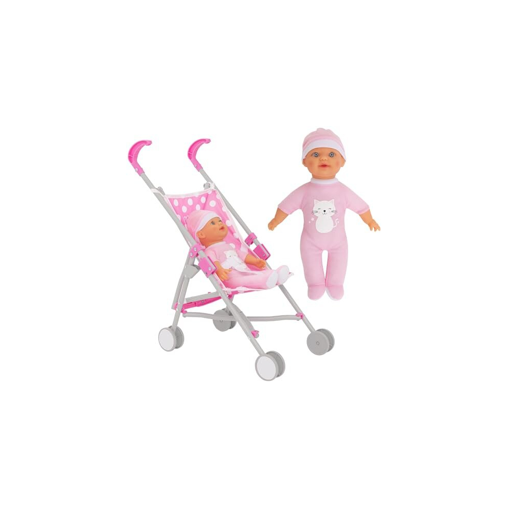 Dolly Tots Single Stroller & Doll | Toy Dolls Buggy | Baby Doll Pushchair | Childrens Baby Doll Stroller Toy Umbrella Fold Stroller | Includes Matching Doll |