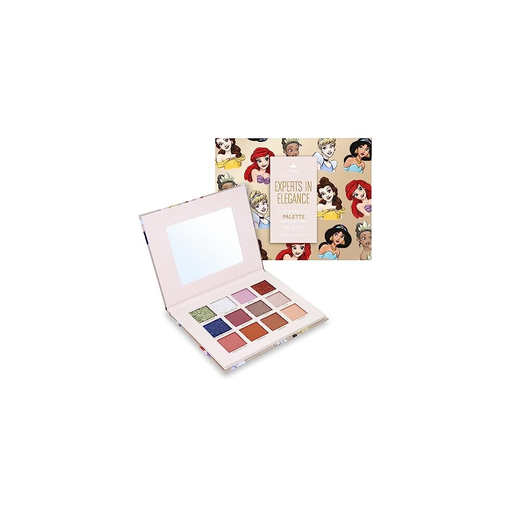 Mad Beauty Pure Princess Eyeshadow (Mixed) Disney Pure Princess Twelve Shade Palette With Mirror, Self-Care Cosmetic Gift, Belle, Ariel, Tiana,