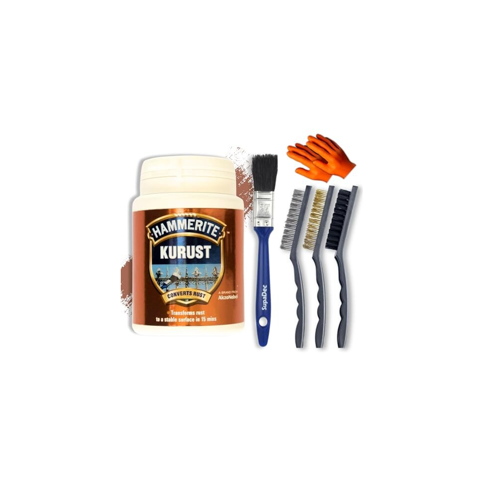 Rust Treatment Bundle with 90ml Hammerite Kurust Rust Converter, Wire Brush Stain Remover (Nylon Steel Brass) SupaDec Paintbrush & Gloves - Easy to