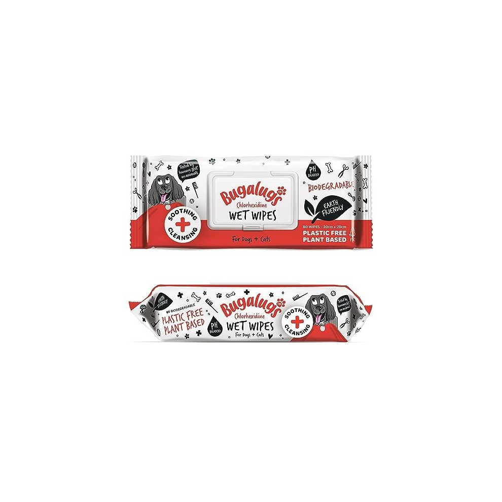 Bugalugs Chlorhexidine Dog Wipes For Pawly Skin - 80 Biodegradable Dog Grooming Pet Wipes. Use As Dog Ear Wipes, Dog Eye Wipes, Dog Face Wipes, Paw & Bum Wipes