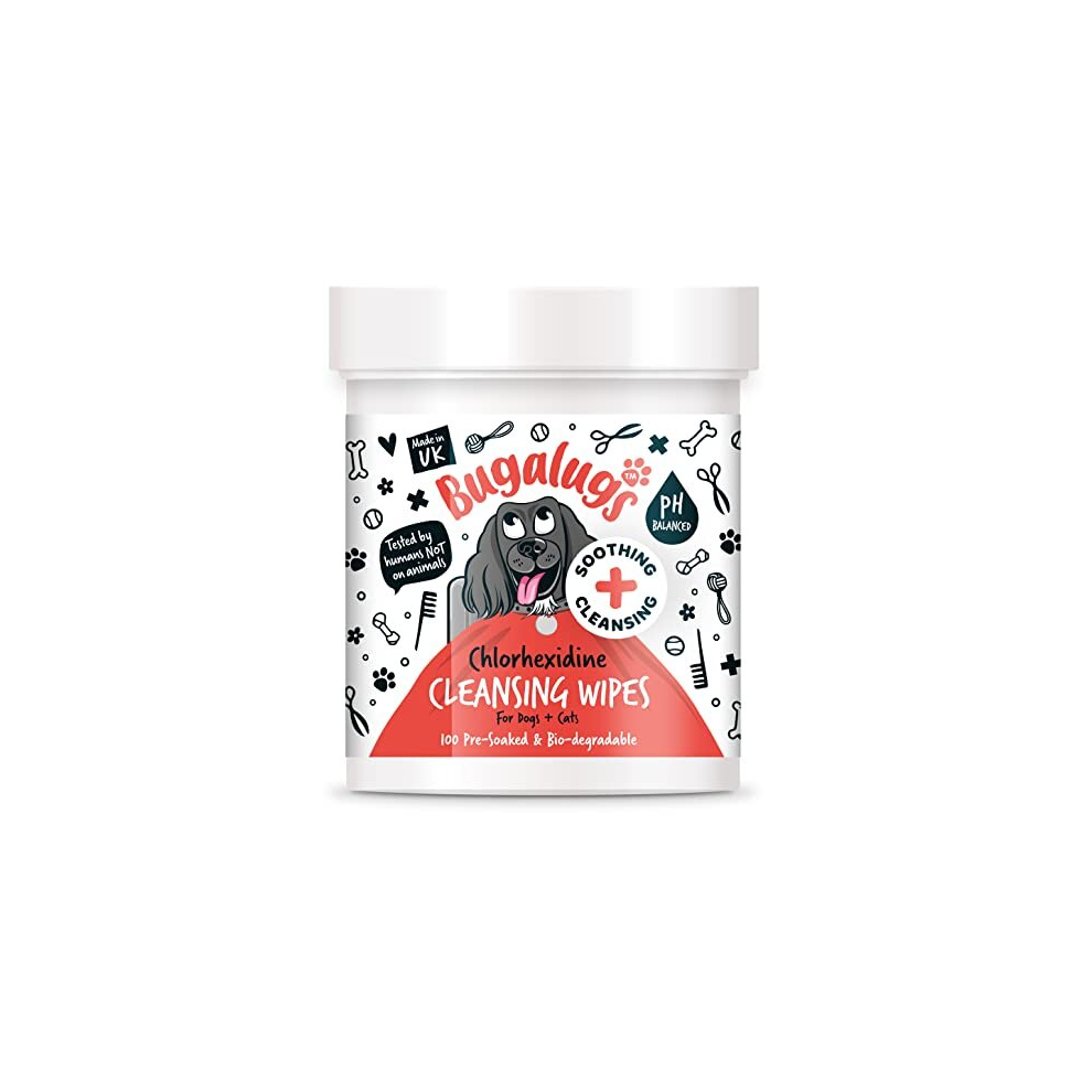 Bugalugs Chlorhexidine Dog Wipes For Pawly Skin - 100 Biodegradable Dog Grooming Pet Wipes. Use As Dog Ear Wipes, Dog Eye Wipes, Dog Face Wipes, Paw & Bum