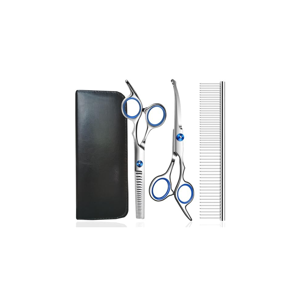 Dog Grooming Scissors, Jiasoval 4-in-1 Dog Grooming Kit with Safety Round Tip, Professional Grooming Shears Set Hair Cutting Trimming Scissors with