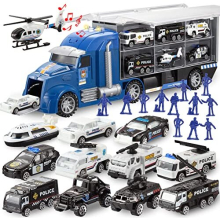 JOYIN 25 i 1 Polis Räddningstruck Bilset med Ljud och Ljus, Mini Fordon i Transportbil
