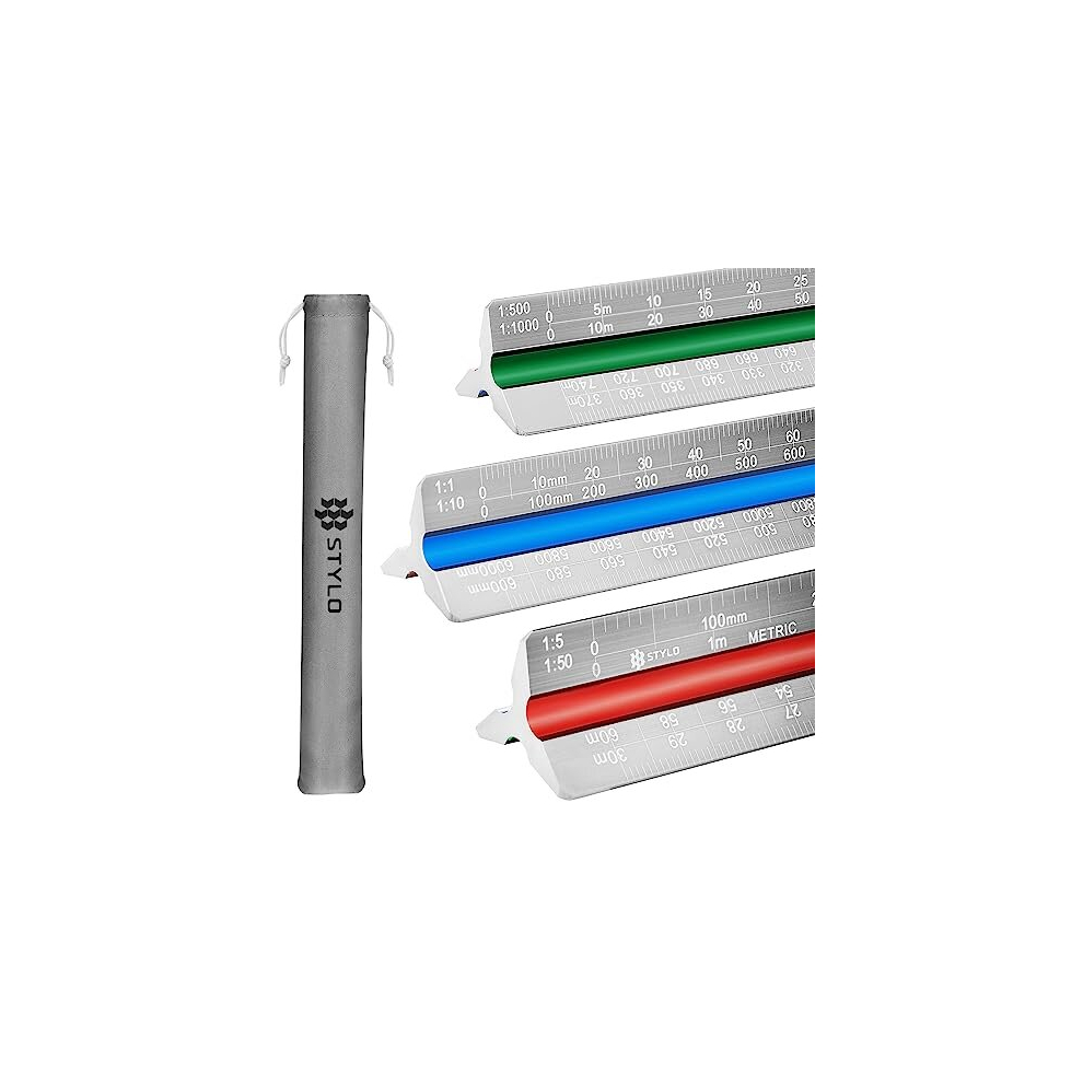 Aluminum Architect Scale Ruler - 30Cm Ruler Laser Etched Triangle Drafting Ruler With Colour Coded Grooves For Blueprint, Drafting - Metric 5060607251033