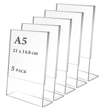 A5 Acrylic Sign Holder, 5 Pcs Acrylic Poster Menu Holder, Clear Plastic Display Holders, L-Shape Perspex Leaflet Table Menu Display Stands for