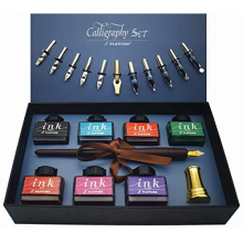 Calligraphy Pen Set, 22 pieces – Includes 7 Bottle Inks, 12 Nibs, Wood Dip Pen, Golden Pen Holder and Beginners Introduction Booklet