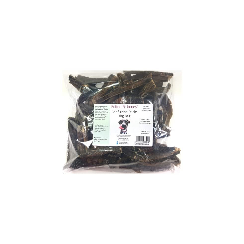 Beef Tripe Sticks Treats for Dogs (1kg refill bag). A completely natural product with no additives. Reduces tartar and bad breath. Good for teeth and