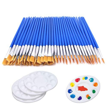 65 Pcs Flat Paint Brushes Set,Small Paint Brush Bulk 60pcs Acrylic Paint brush + 5 PCS Round Paint Pallet Trays for Kids,Nylon Hair Oil Watercolor