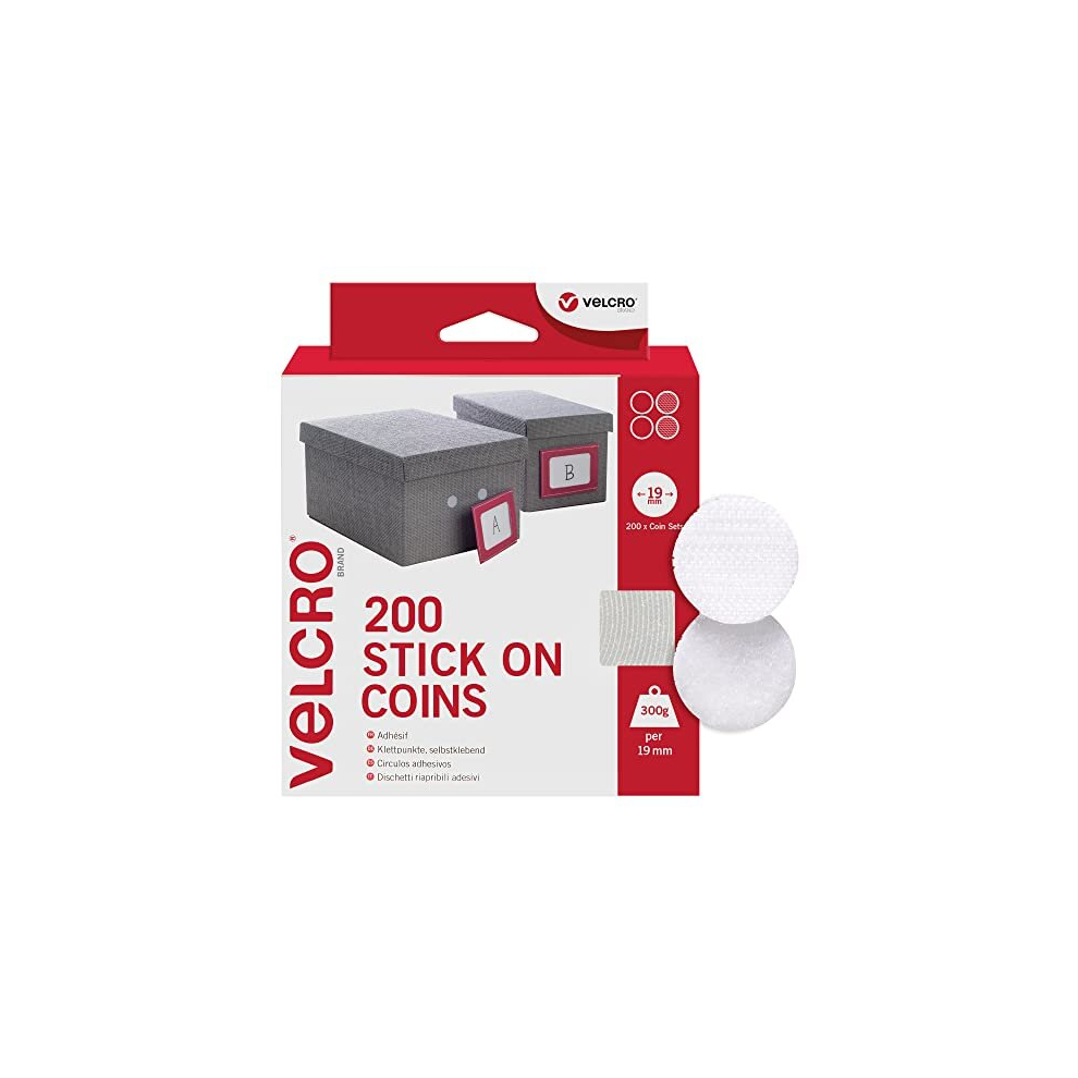 Brand | Stick On Coins | Double Sided Hook & Loop Self Adhesive Sticky Coins Perfect for Room Décor & Home, Office, Garage Use | White | 19mm x 19mm