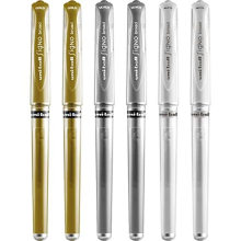 Signo Pen Broad Metallic Gel Ink Rollerball - Metal 1mm Tip Nib 0.65mm Line Width With Rubber Grip - UM-153 - (Pack Of 6) - White, Silver and Gold