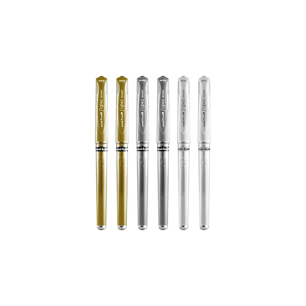 Signo Pen Broad Metallic Gel Ink Rollerball - Metal 1mm Tip Nib 0.65mm Line Width With Rubber Grip - UM-153 - (Pack Of 6) - White, Silver and Gold