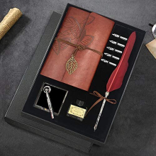 Quill Pen and Ink Set, Antique Feather Dip Pen Calligraphy Pen Set, including Feather Pen, 5 Replacement Nibs, Pen Nib Base, Notebook, Ink, Gift Box,