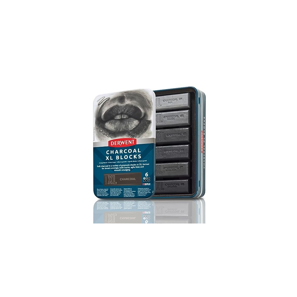 Derwent Charcoal Xl Blocks 6 Tin, Set Of 6, 60Mm Extra-Large Block, Naturally Water-Soluble, Ideal For Sketching, Drawing And Expressive Mark Making,