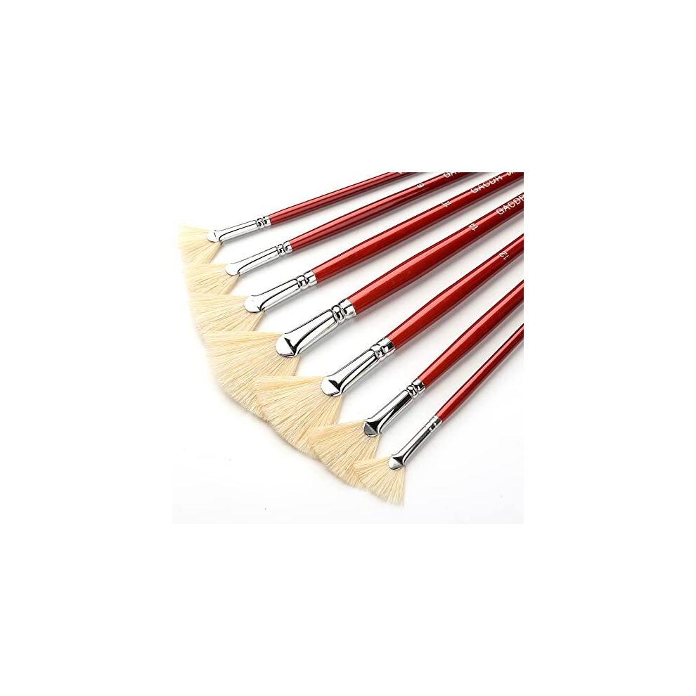 Gacdr Fan Brush For Painting, 7 Pieces Fan Brush Set With Hog Bristle Natural Hair And Long Wood Handle, Professional Artist Fan Brushes For Acrylic