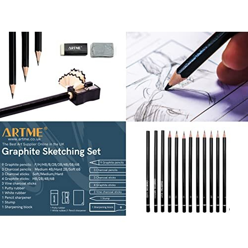 Graphite Sketching Set - Graphite & Charcoal Pencils, Sticks, Putty And White Rubber, Sharpener, Stump 2