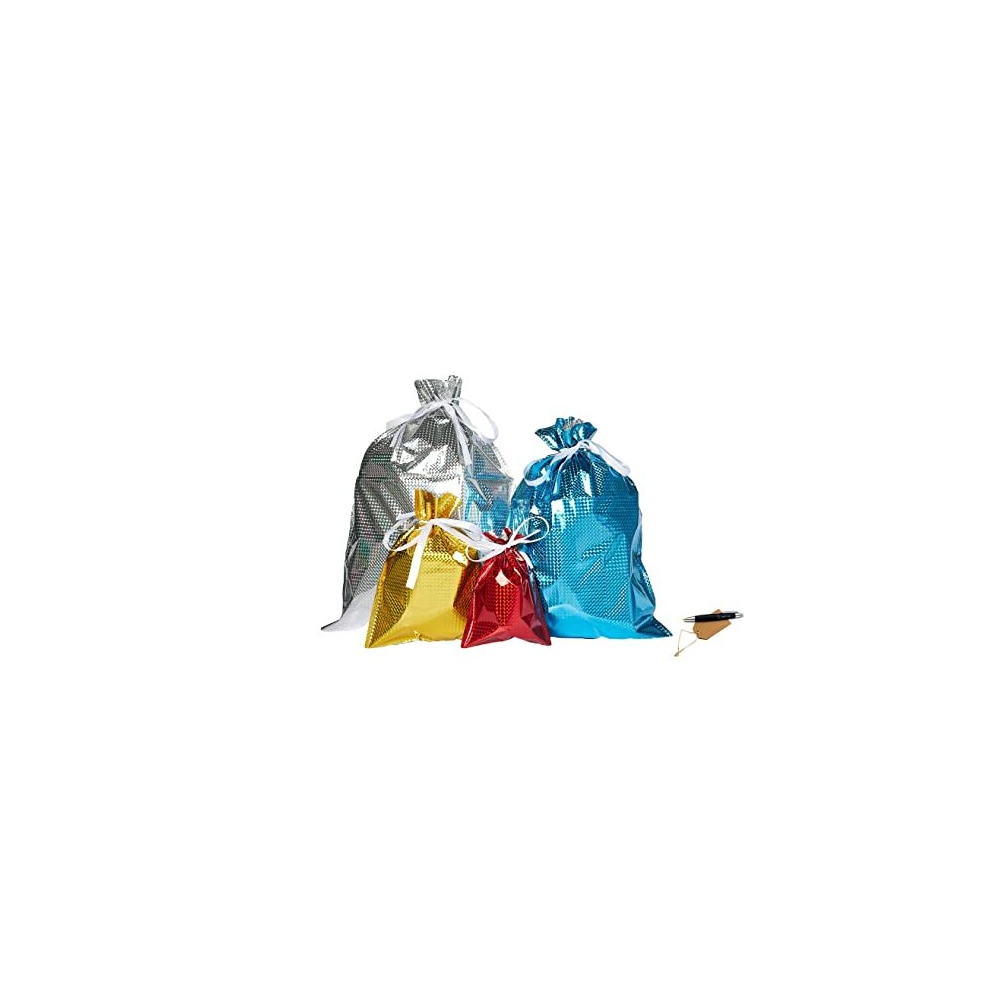 15Pcs Drawstring Gift Bags with Tags and Pen Ribbons 4 Assorted Sizes Holographic Colours Wrapping Goodies Birthdays Parties Reusable All Year