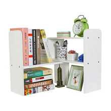 Wood Desk Shelves Adjustable Desktop Bookshelf Freestanding Small Bookcase Office Supplies Storage Display Shelf Desk Tidy Organiser,White