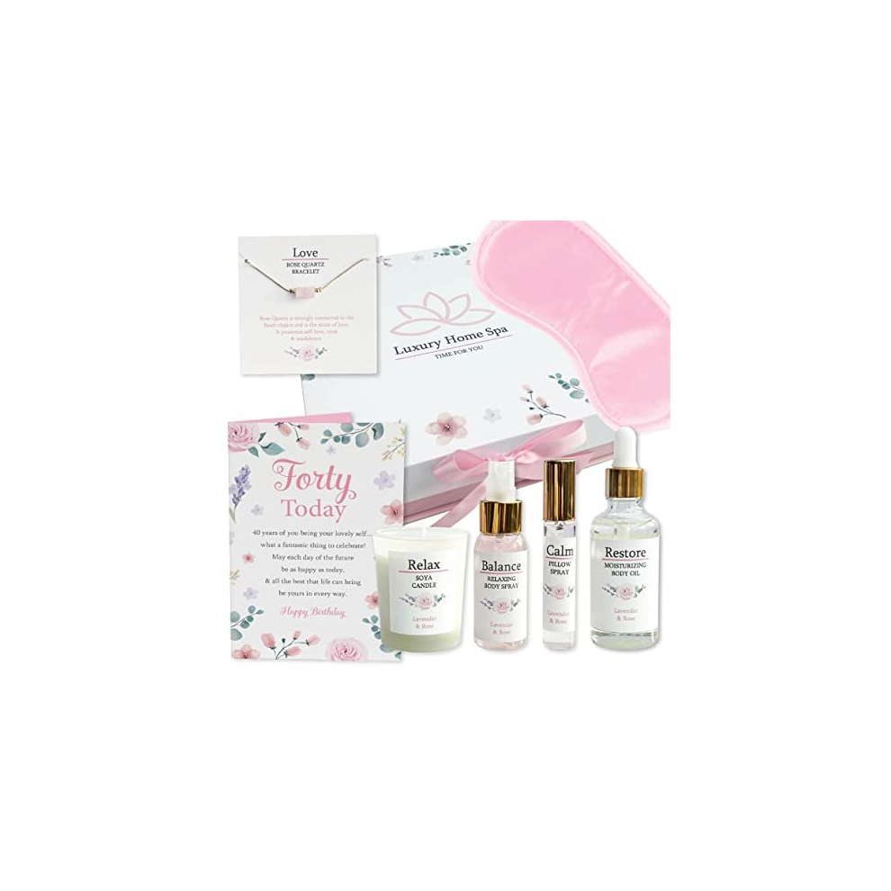 40th Birthday Gifts for Her Spa Box Pamper Relaxation Gift for 40th Birthday includes Scented Candle Greetings Card Lavender and Rose Oil Thoughtful
