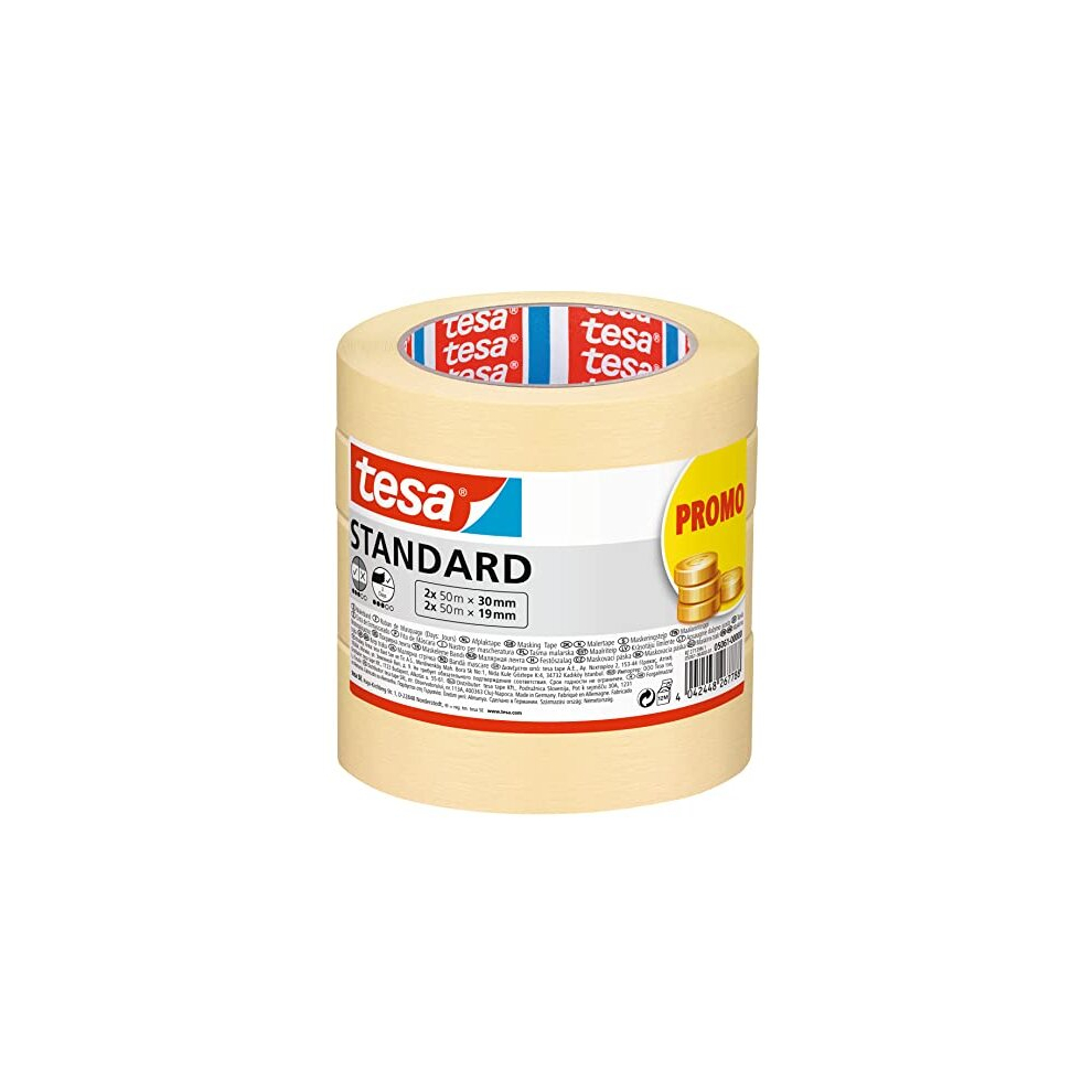 Tesa Masking Tape Standard - Pack Of 2 - Painter's Tape With Strong Adhesion For Masking During Painting Work - Solvent-Free - 2X 50M X 19Mm + 2X 50M X