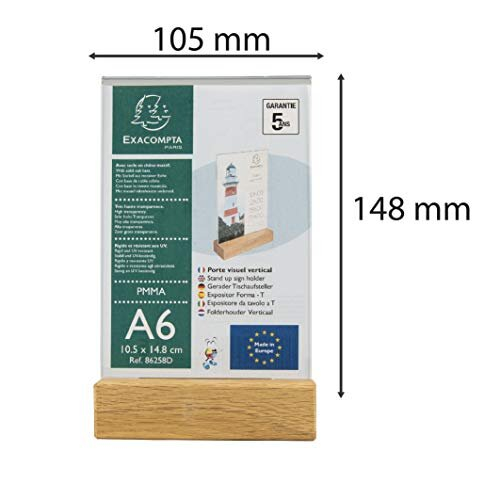 - Ref 86258D - Sign Holder with Wooden Base - Suitable for A6 Documents, Solid Oak Plinth, Visible Both Sides, PMMA (Acrylic) Material, Rigid & UV 2