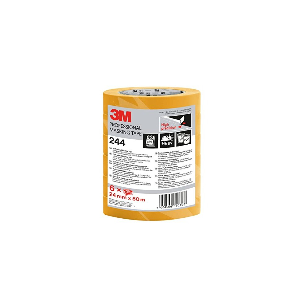 Professional Masking Tape 244, Universal Surfaces, Painters Tape, 24 mm x 50 m, 6 Rolls - High Precision, UV and Water Resistant, For Indoor & Outdoor
