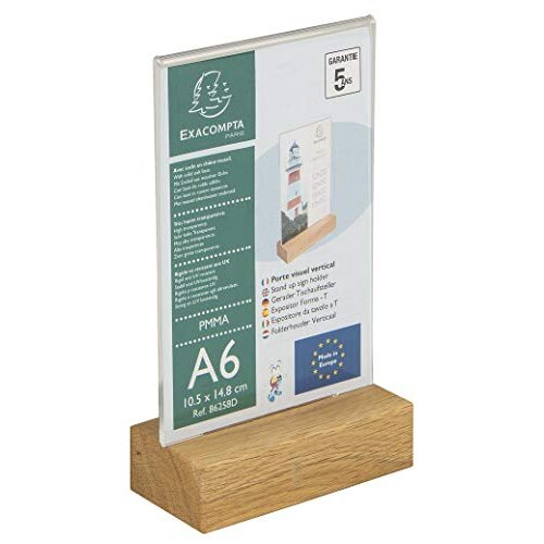 - Ref 86258D - Sign Holder with Wooden Base - Suitable for A6 Documents, Solid Oak Plinth, Visible Both Sides, PMMA (Acrylic) Material, Rigid & UV 1
