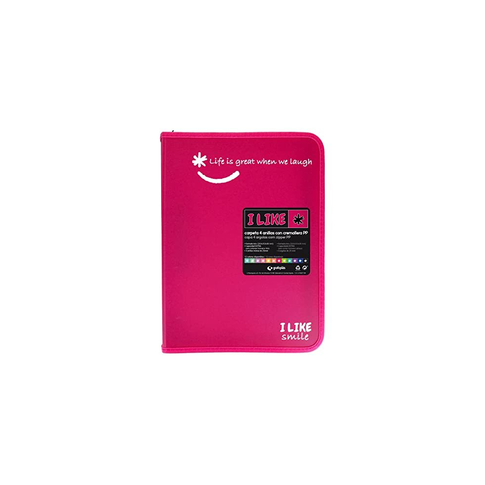 4800954 Ring Binder with Zip, A4+, Fuchsia Pink, 4 Ring 25 mm, Like, Polypropylene