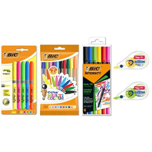 Colourful Set with Mini Pocket Mouse Correction Tapes, Cristal Multicolour Ball Pens, Highlighter Grip Pens, and Intensity Dual Tip Felt Pens -