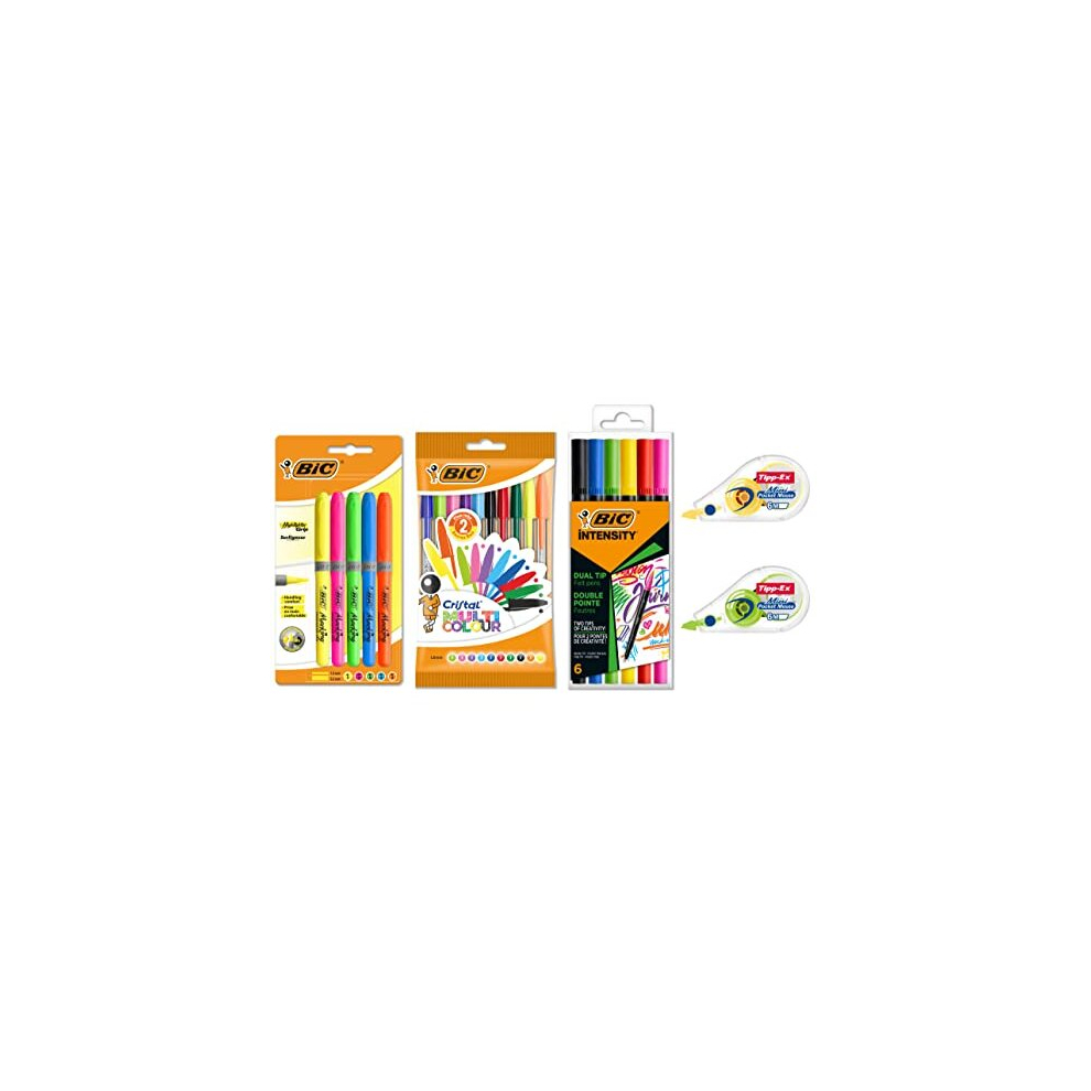 Colourful Set with Mini Pocket Mouse Correction Tapes, Cristal Multicolour Ball Pens, Highlighter Grip Pens, and Intensity Dual Tip Felt Pens -
