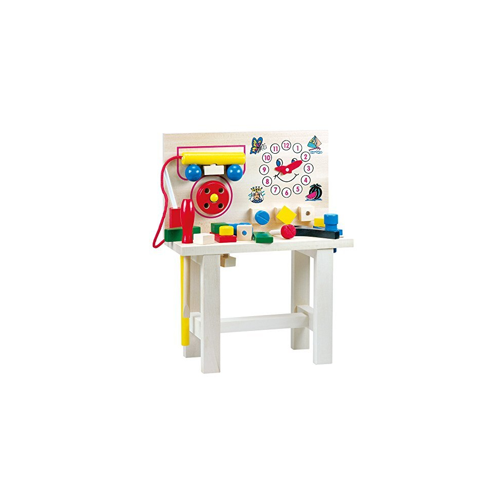 82145 Toddler Workbench with Tools, Chatter Telephone and Clock for Learning to Tell Time. A Multifunctional Wooden Toy for Children from 36 Months.