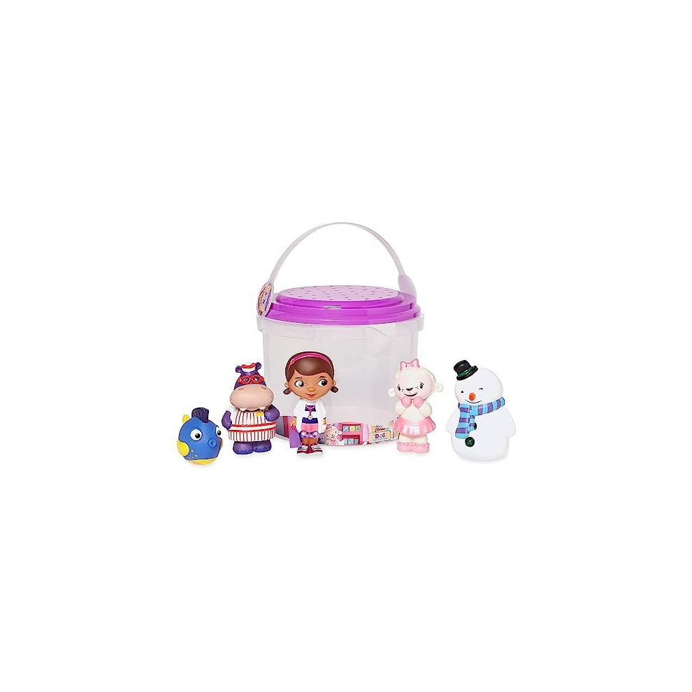 Official Bath Toy Set for Kids, Doc McStuffins, 5 Pc., Playset Includes Bucket with Straining Lid and Five Figures, Suitable for Ages 6 Months+