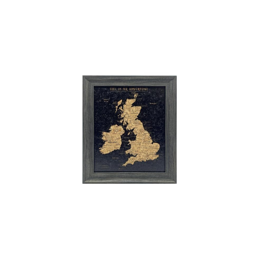Travel Map - Desk UK Map & Ireland Map Pin Board in Black, Wooden Frame. Travel Map Pin Board with 100 Pins in 2 Colours to Mark Your Past & Future