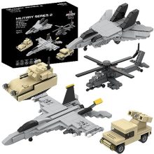 5 Military Building Block Sets (728 Pieces) F/A-18 Hornet, F-14 Tomcat Fighter Jet, AH-64 Apache Helicopter, M2 Bradley Tank, and Humvee Avenger