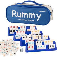 Rummy Set,Travel Size Rummy Game with Durable Canvas Bag, Classical Rummy Game for Adult and Kids,106 Tiles, 4 Playing Rack, 1 Dice (2-4 Players)