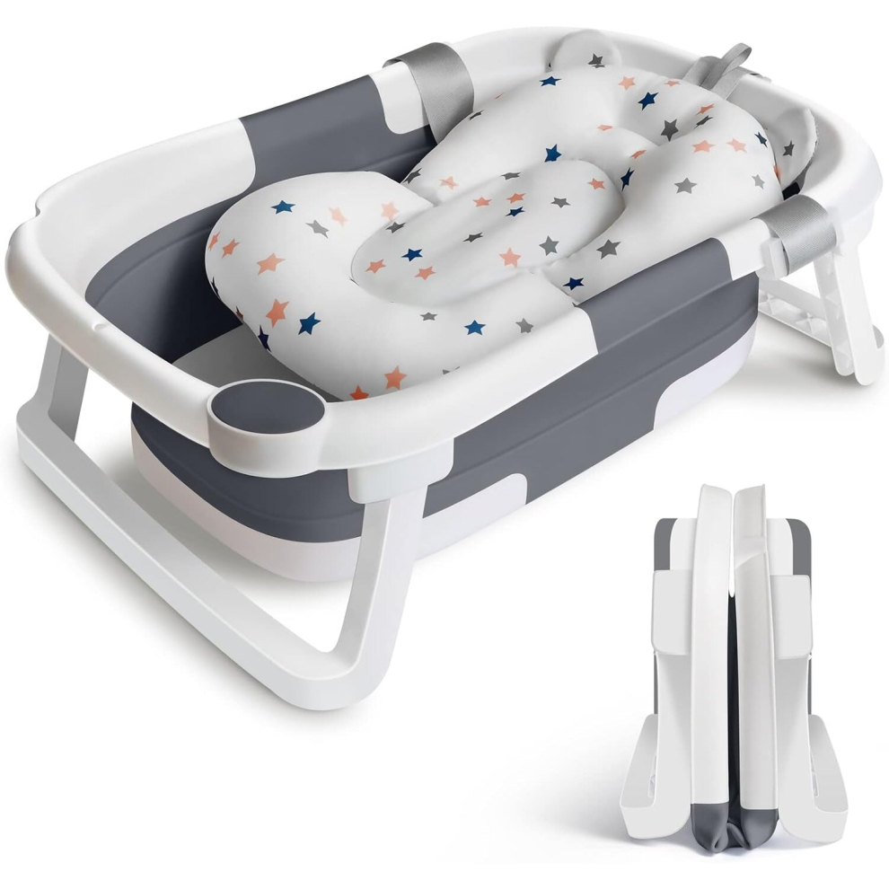 Foldable Toddler Tub with bathtub support pad, seat pad, non-slip portable travel Shower Tub, Newborn Toddler foldable Tub (gray)