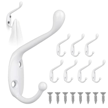 Prong Wall Mounted Hooks, 8Pcs Vintage Hooks for Coats, White Double Door Hooks with 16Pcs Screws, Metal Bathroom Hanger Hooks Clothes Hooks for Towel