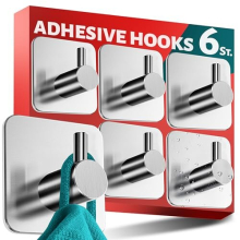 Set of 6 no-Drill self Adhesive Hooks – Stainless-Steel Stick on Hooks, Hooks for Hanging Towels, Hooks Stick on Bathroom Walls, Sticky Hooks