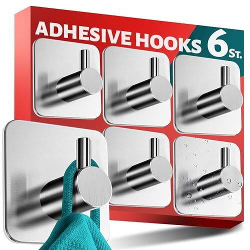 Set of 6 no-Drill self Adhesive Hooks – Stainless-Steel Stick on Hooks,  Hooks for Hanging Towels, Hooks Stick on Bathroom Walls, Sticky Hooks