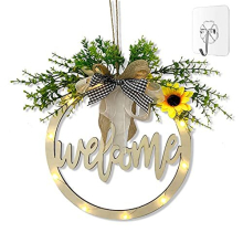 Welcome Sign for Front Door, Outdoor Welcome Porch Sign Hollow Carved, Farmhouse Wooden Welcome Sign for Spring Daisy Wreath, Rustic Round Led Lighted