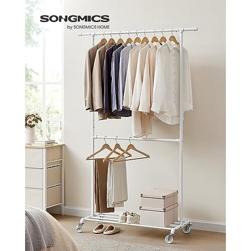 Clothes Rail on Wheels, Industrial Double Clothes Rack for Bedroom