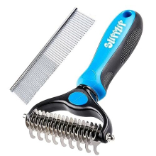 Dematting Comb with Grooming Rake and Brush for Dogs and Cats, for Small, Medium & Large Dog Breeds, 17+9 Double Sided Deshedding Tool, Removes