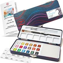Metallic Watercolour Paints for Beginners - 18 Half-Pan Vibrant Water Colours - Travel Watercolour Set with Paintbrush, Water Brush, Mixing Area -