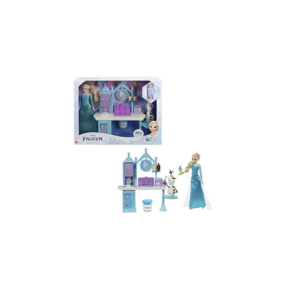 Toys, Dessert Playset with Elsa Doll, Olaf Figure, 2 Colors Dough and 10+ Play Pieces, Inspired by Disney Frozen Movies, HMJ48