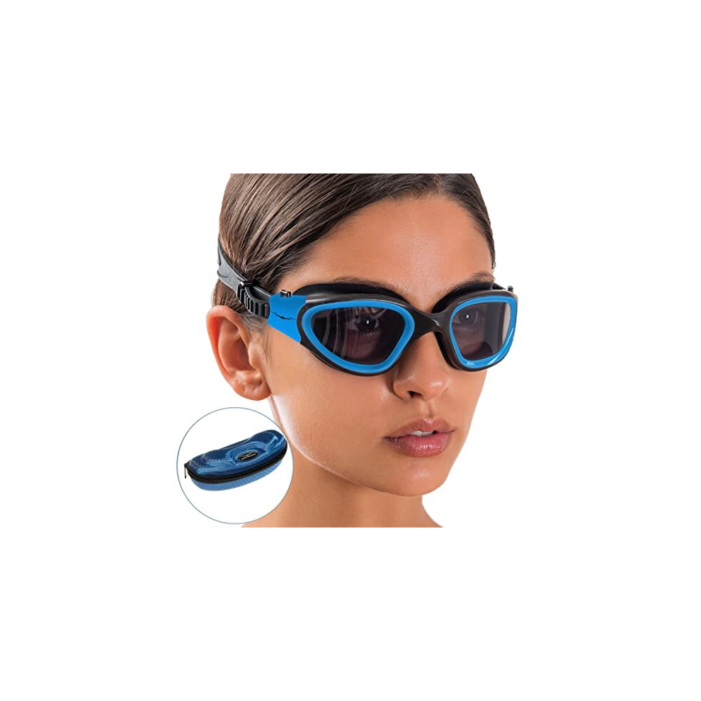 Swimming Goggles Adult Swim Goggles Mens Women Ladies Childrens Kids Boys Girls Wide View DX (Polarised-Lenses Blue/Black-Frame)