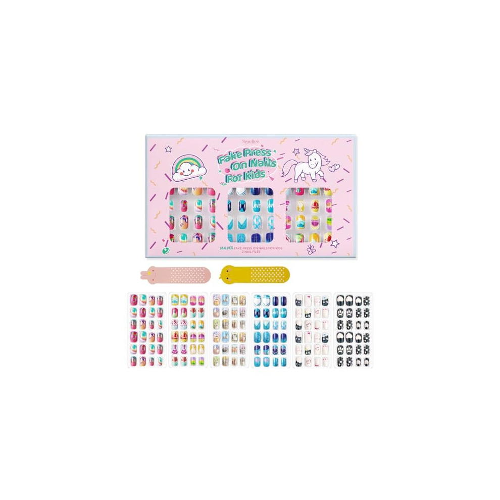 144Pcs Kids Press on Nails Children Girls Press on Short Artificial Fake Nails No fading Stable Quick Stick on Cute Pre Glue Full Cover Acrylic Nail