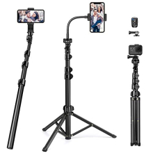 68" Phone Tripod Stand for Smartphone, Gooseneck Aluminum Mobile Phone Tripod for iPhone, Selfie Stick Tripod with Remote Control & Phone Holder for