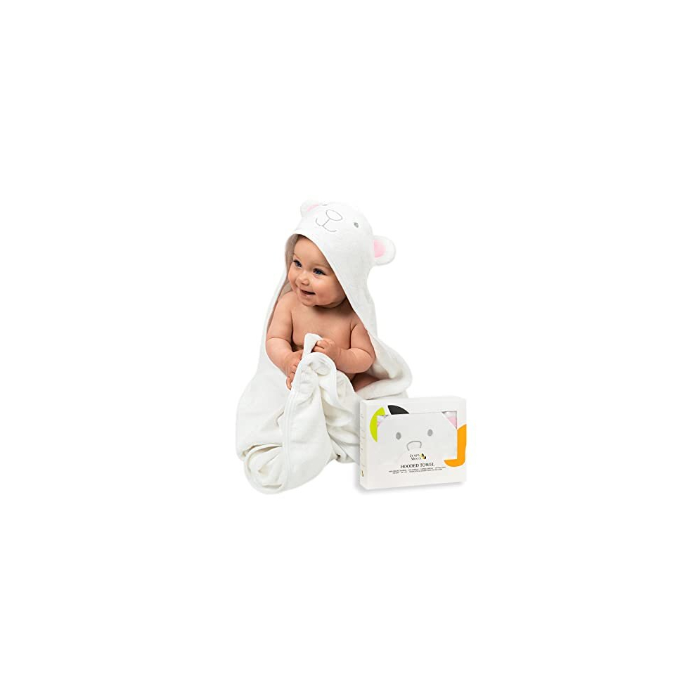 Jm Organic Bamboo Hooded Baby Towel For Kids & Babies - 35"X35", Hypoallergenic, Absorbent - Perfect Baby Gift, Newborn Essentials With Washcloth & Jumpy Moo's