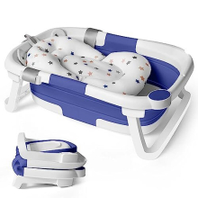 Collapsible Baby Bath Foldable Tub Bathtub Newborn with Seat Support Cushion Stand Folding Baths for Toddler 0-6 12 24 Months Foam Pillow Travel